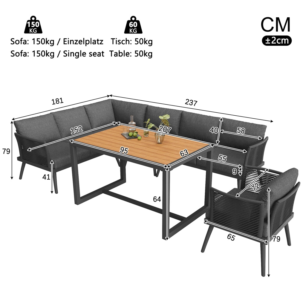 Set lounge da giardino a 7 posti modulare in ferro grigio con tavolino in legno plastico e cuscini sfoderabili