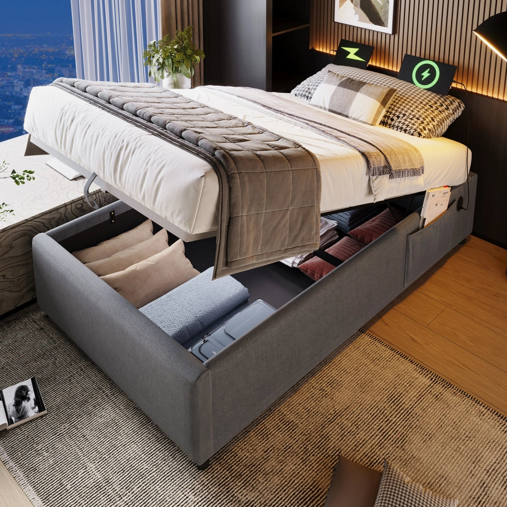 Letto imbottito senza testiera con contenitore idraulico; porta USB/Tipo-C e doghe in legno massello; cotone grigio; 90x200 cm; senza materasso