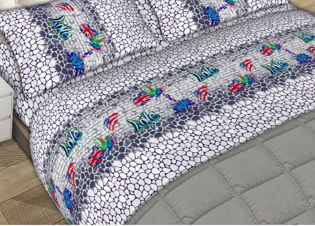 Completo Lenzuola Letto Matrimoniale 100% Cotone Made Italy Dis. Street Art CN - 2 Piazze - Blu