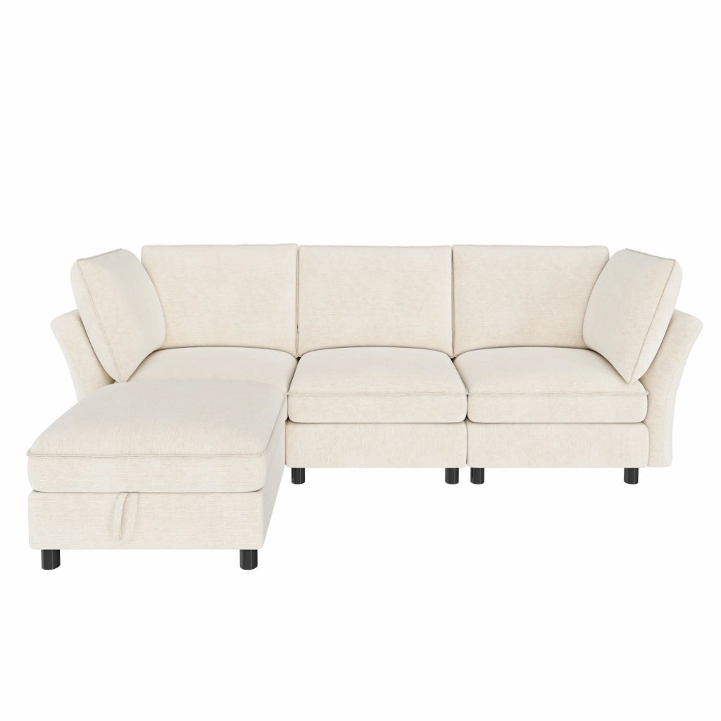 Divano modulare angolare 4 posti - con pouf contenitore e 2 cuscini - in chenille beige
