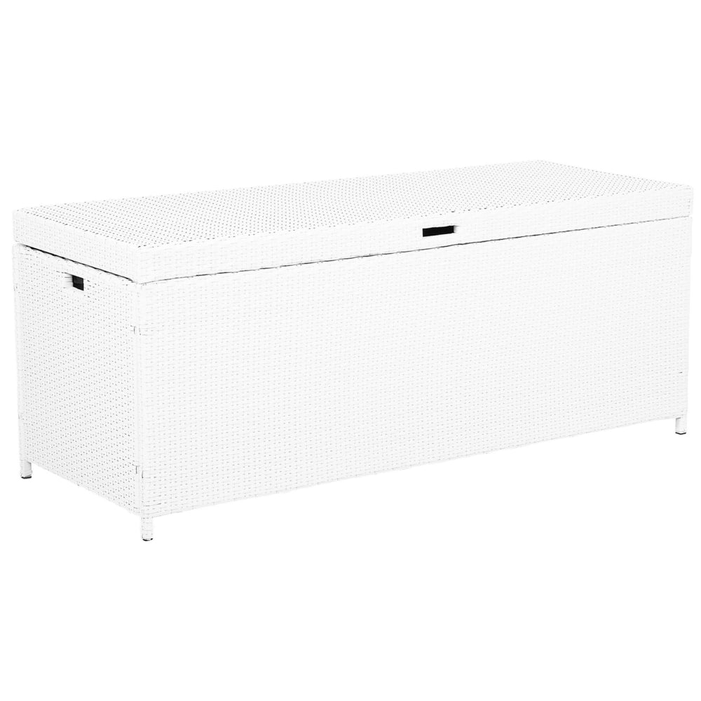 Cesta baule portaoggetti da esterno cuscino da giardino in finto rattan bianco 158 x 63 cm