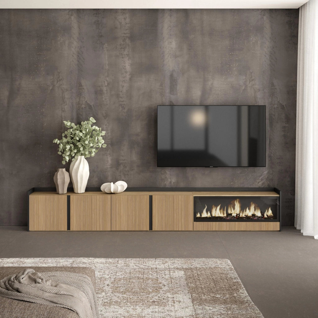 Mobile TV Soggiorno, 315x50x35 cm, Per TV fino a 80", Camino elettrico XXL, Rovere e nero