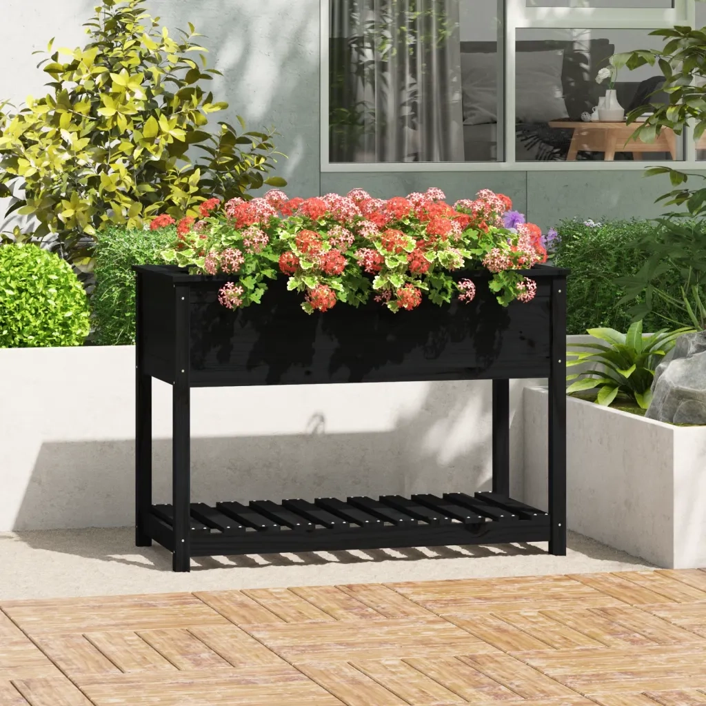 Fioriera con Mensola Nera 111,5x54x81cm Legno Massello di Pino 823791