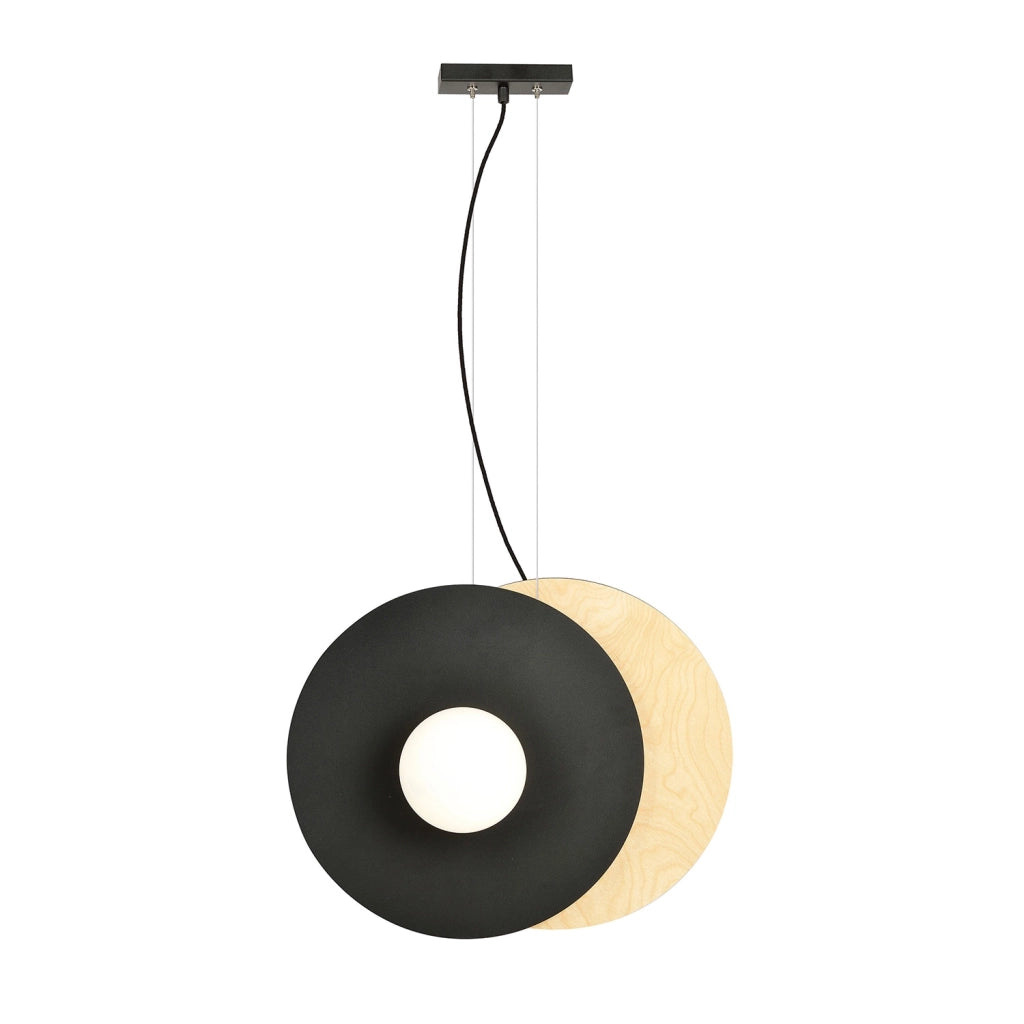 Sospensione Minimal Nordica Soho 2 Luci In Acciaio Nero E Legno Vetro Bianco
