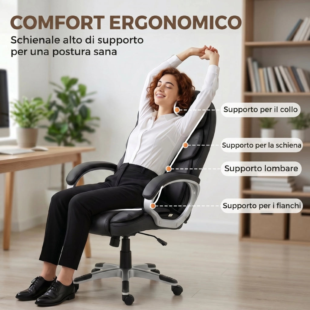 Sedia da Ufficio Ergonomica Girevole ¨C Xylo ¨C Pelle PU Nero, Regolabile, Capacit¨¤ 120kg
