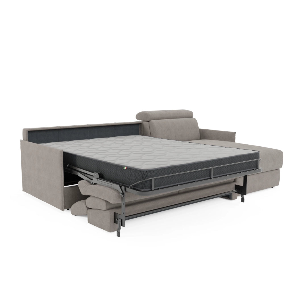 Miryam divano letto angolare compatto - poggiatesta reclinabili e penisola contenitore in tessuto smacchiabile T31 252 cm sinistro grigio perla