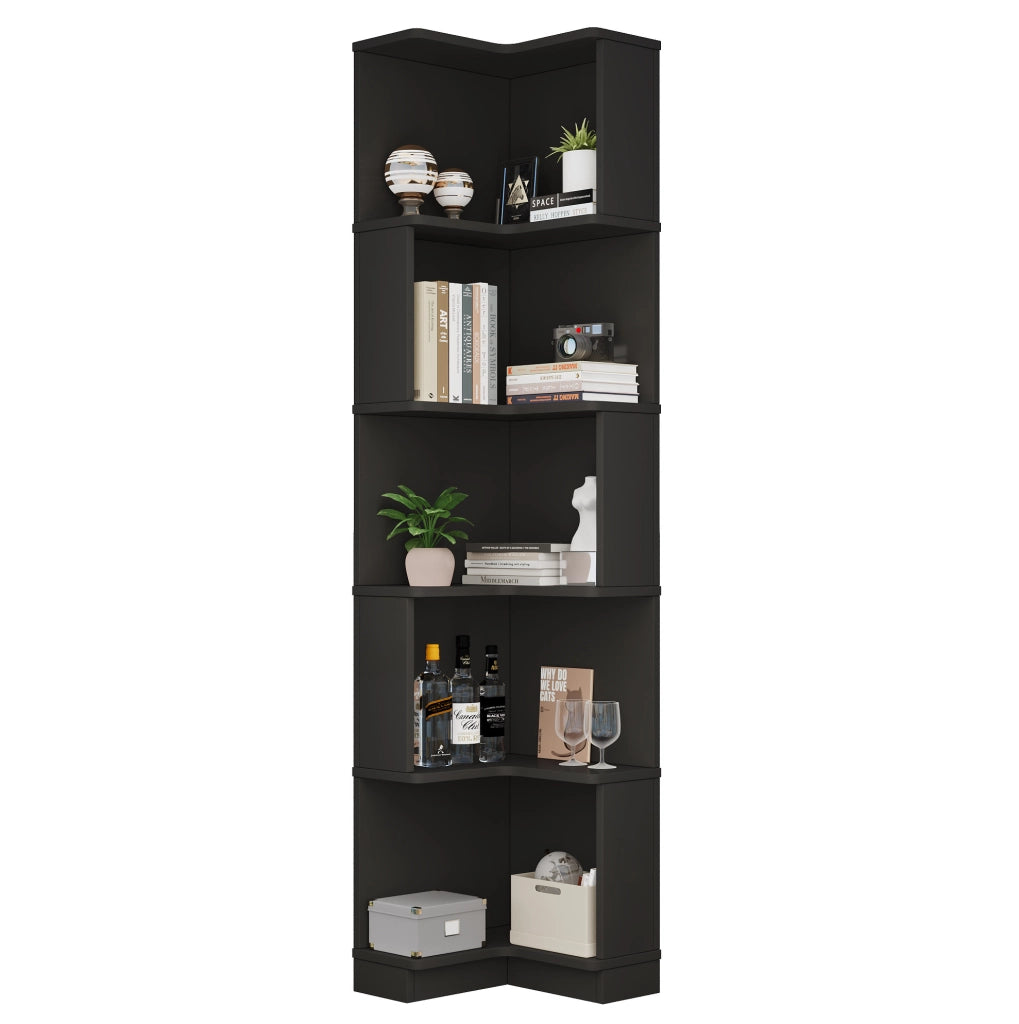 Libreria angolare 63.5x45x175 cm con luci LED a colore variabile; 5 ripiani in MDF nero