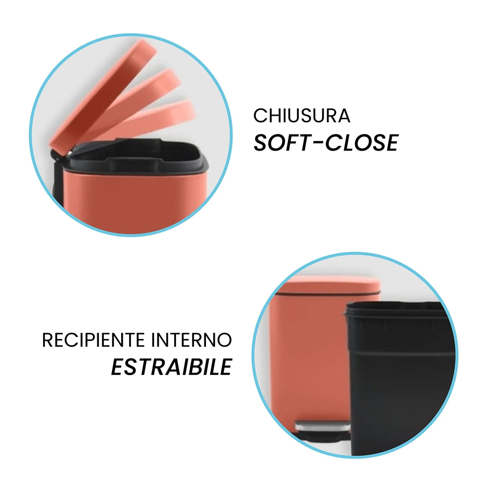 Pattumiera a pedale in acciaio 5lt color terracotta opaco con chiusura rallentata Axin