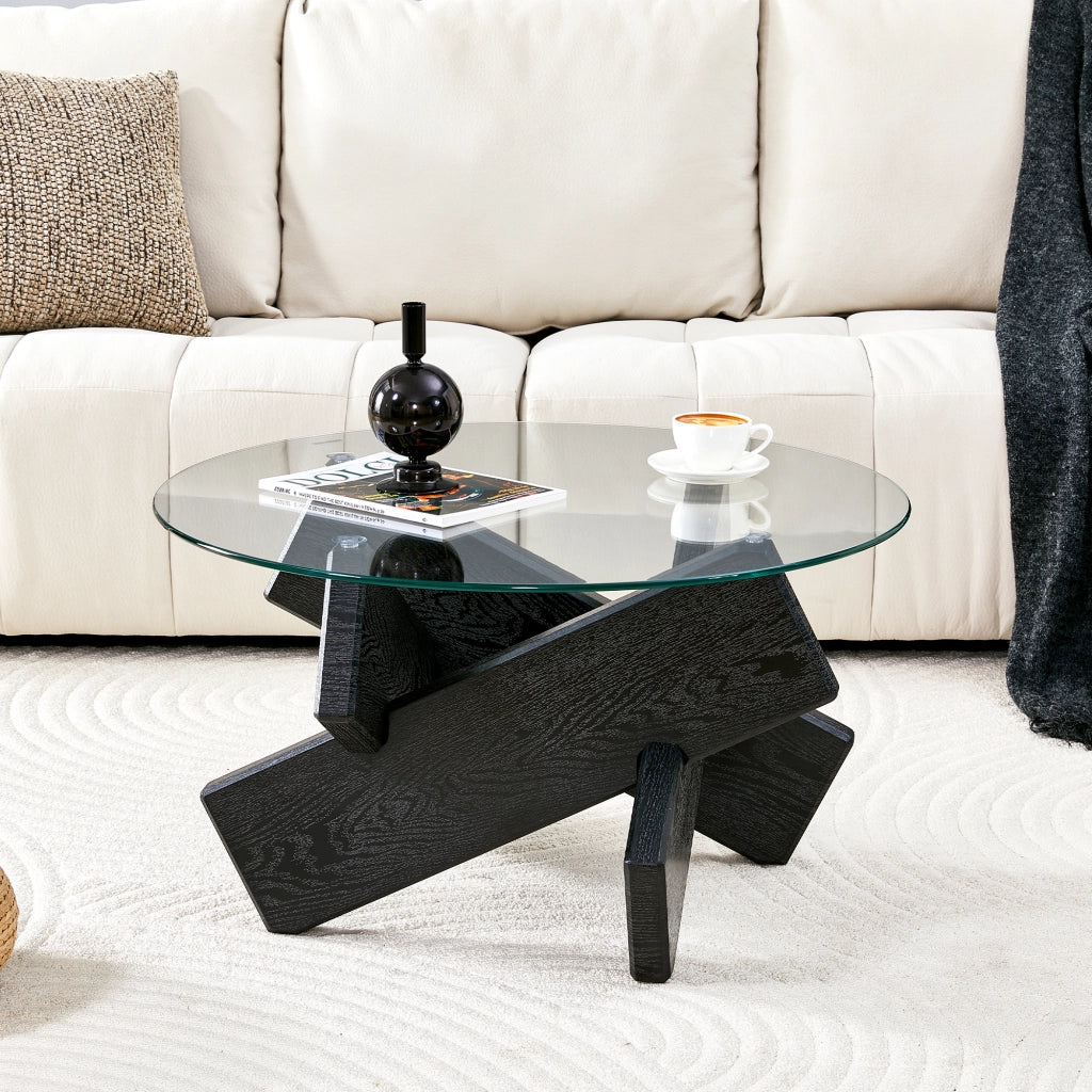 Tavolino da caffè rotondo in MDF e vetro 79 cm, nero e trasparente, con base a croce
