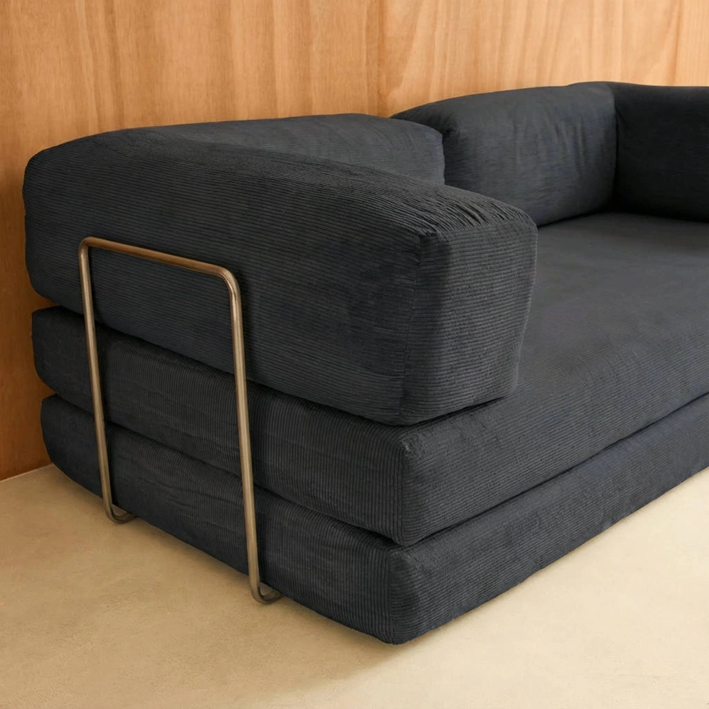 Divano letto futon in velluto a coste e struttura cromata, antracite