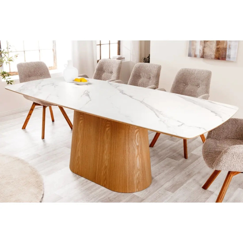 Tavolo da sala da pranzo LUMEA – Rettangolare 200 cm – Piano in ceramica effetto marmo bianco e piede aspetto legno chiaro