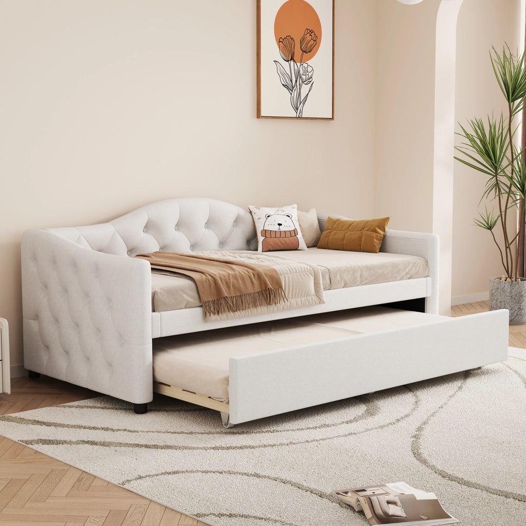 DESMIU Letto singolo 90 × 200 cm 1 posto con letto estraibile, senza materasso, in lino e MDF, stile minimalista, beige