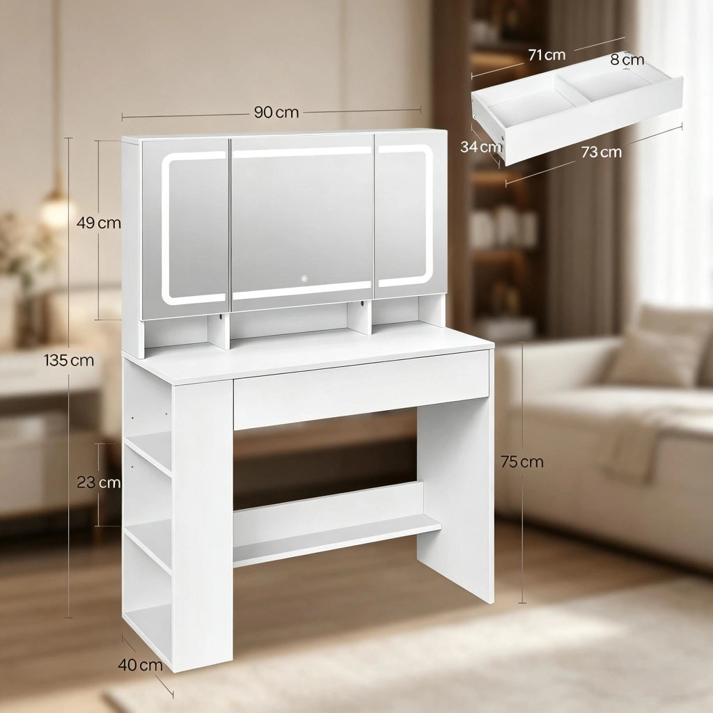 Toeletta con specchio LED; cassetto; armadietti e vani aperti per camera da letto; in MDF e vetro; bianco; 90×40×135 cm