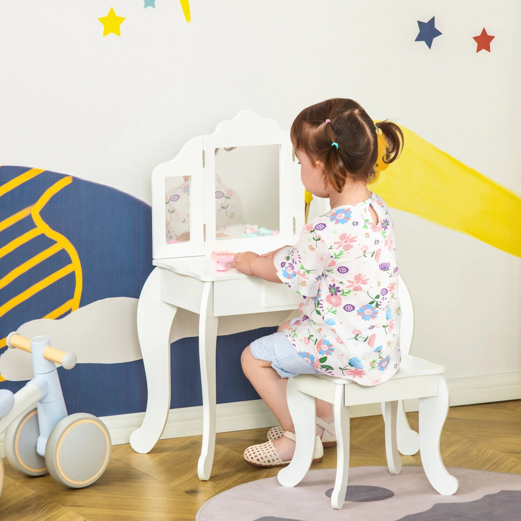 Tavolo da trucco bambini con sgabello e specchio ¨C Minimal ¨C Legno e acrilico bianco 63x40x85.5