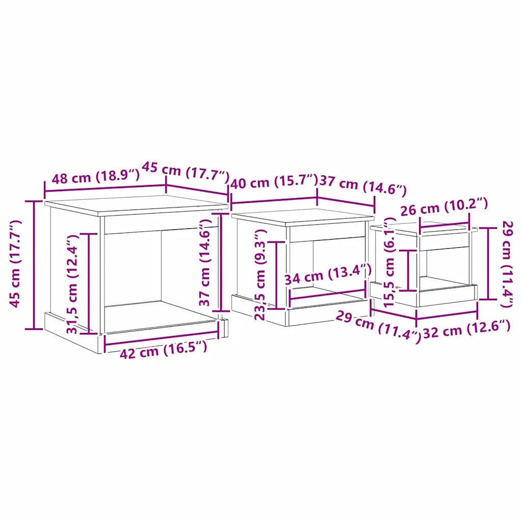 Tavolino da salotto 3 pz Rovere artigianale 48 x 45 x 45 cm 881451