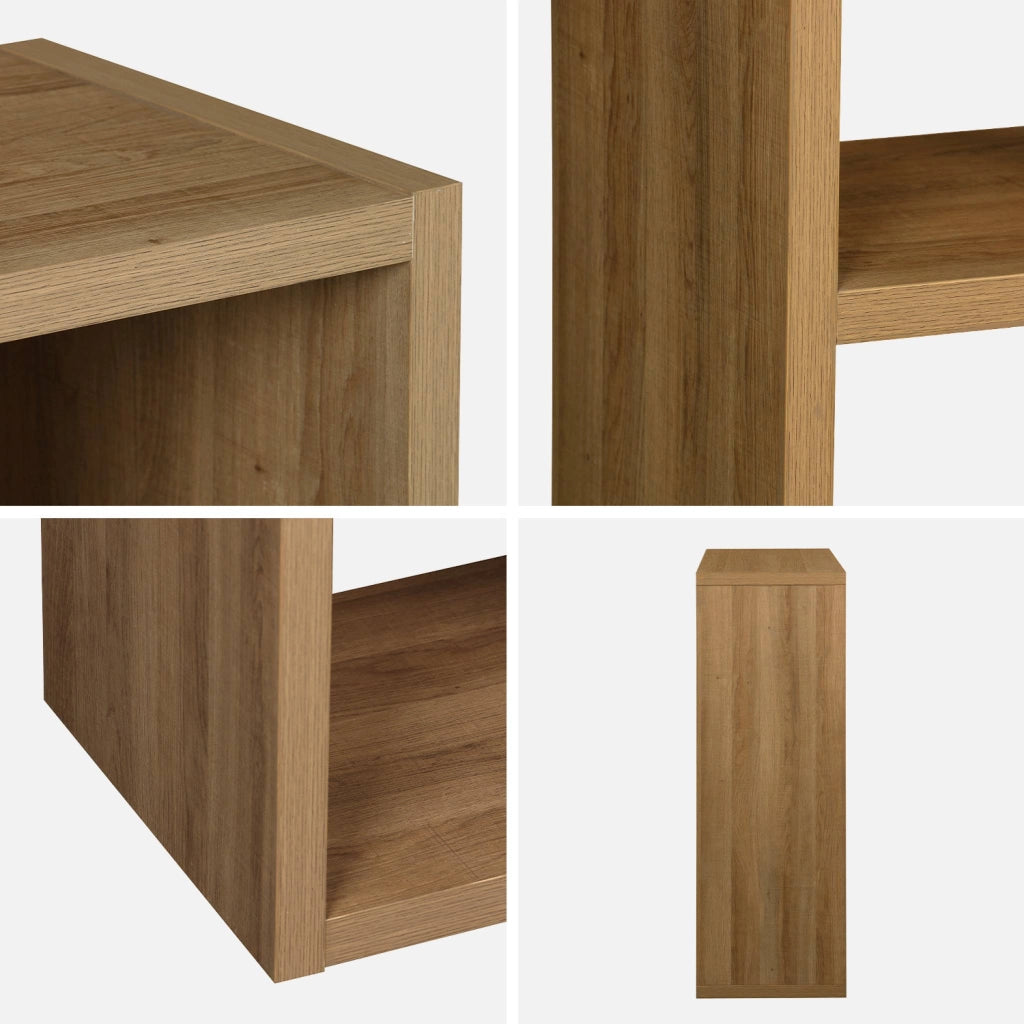 Libreria asimmetrica a 3 livelli con 6 vani, effetto legno miele