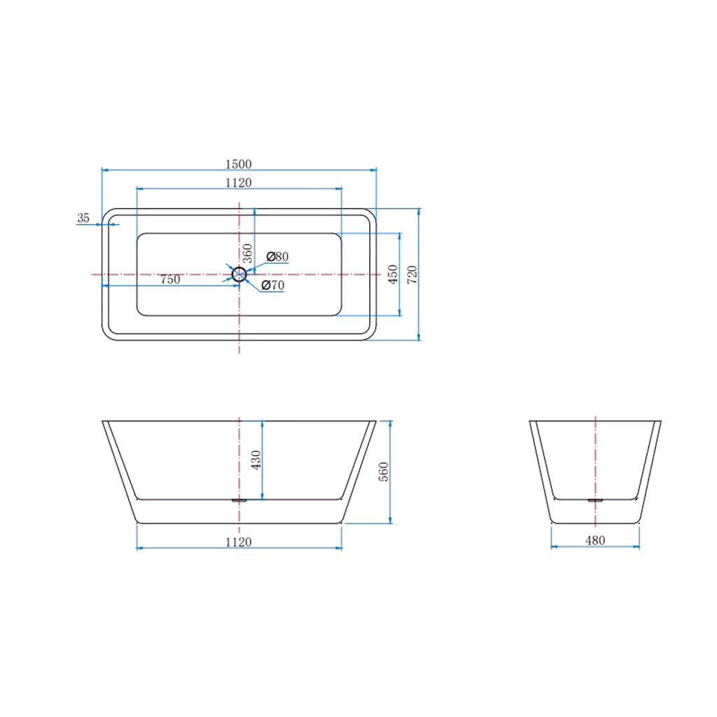 Vasca da Bagno a Isola 150x72x56 cm Vasca da Bagno Freestanding in Acrilico Bianco Rettangolare