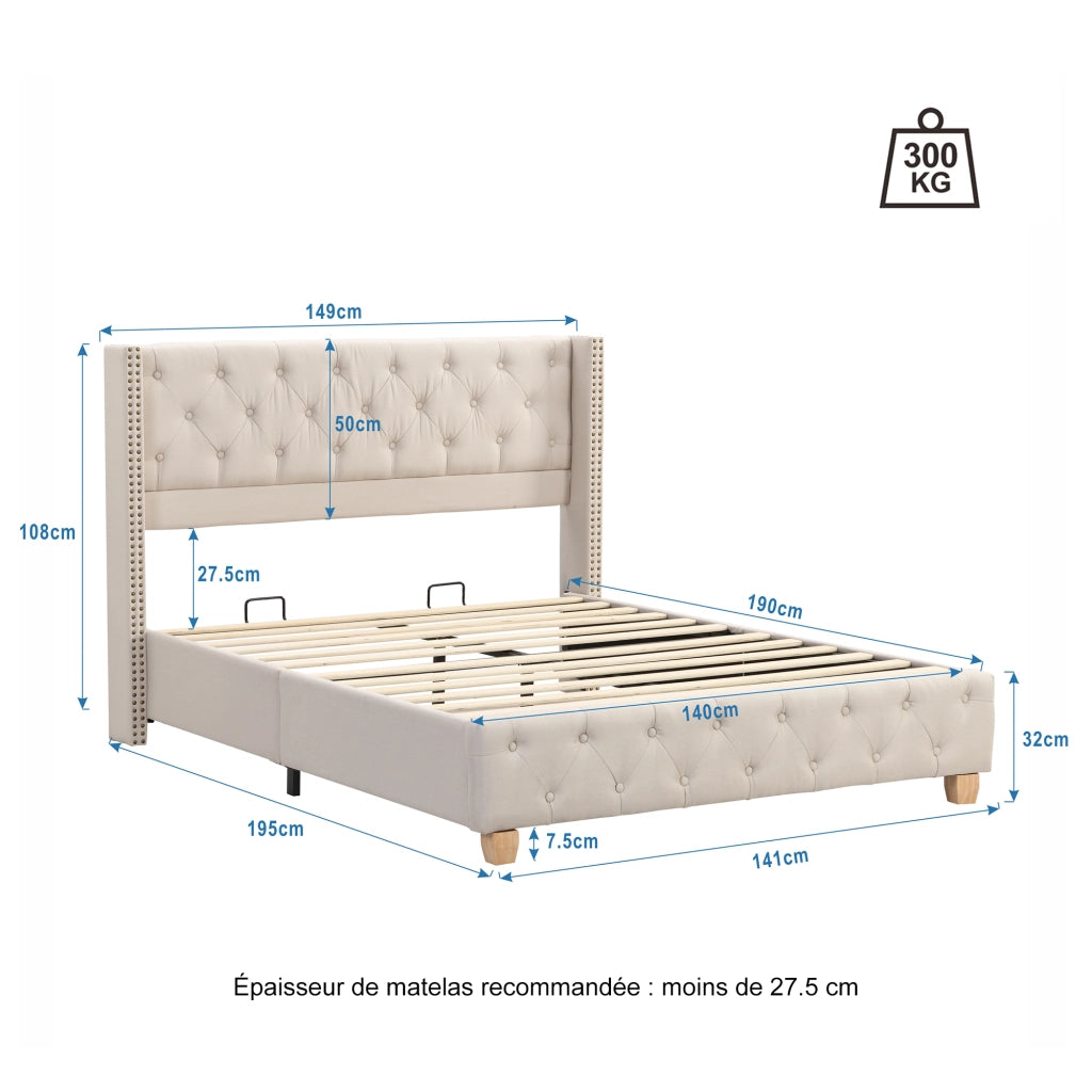 letto capitonné lino beige 140 x 190 cm