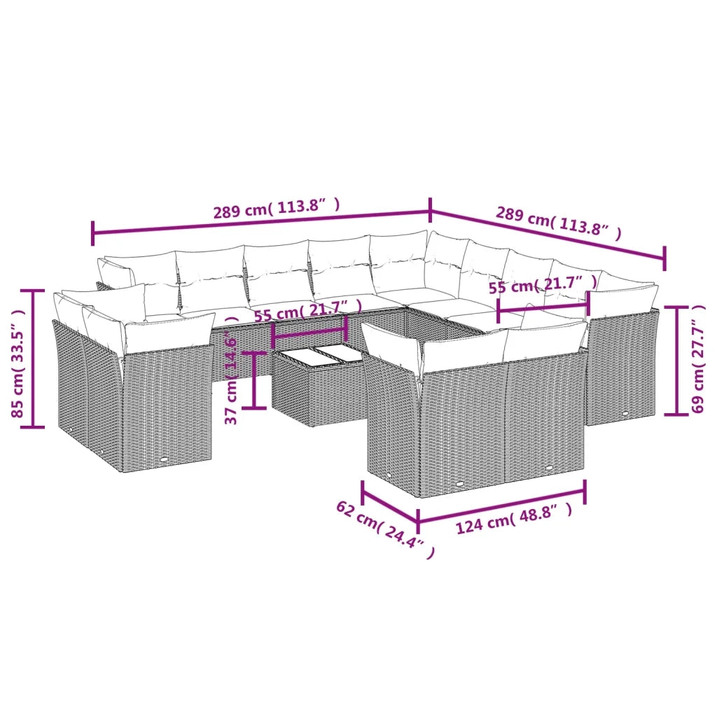 Set Divani da Giardino 14pz con Cuscini in Polyrattan Grigio