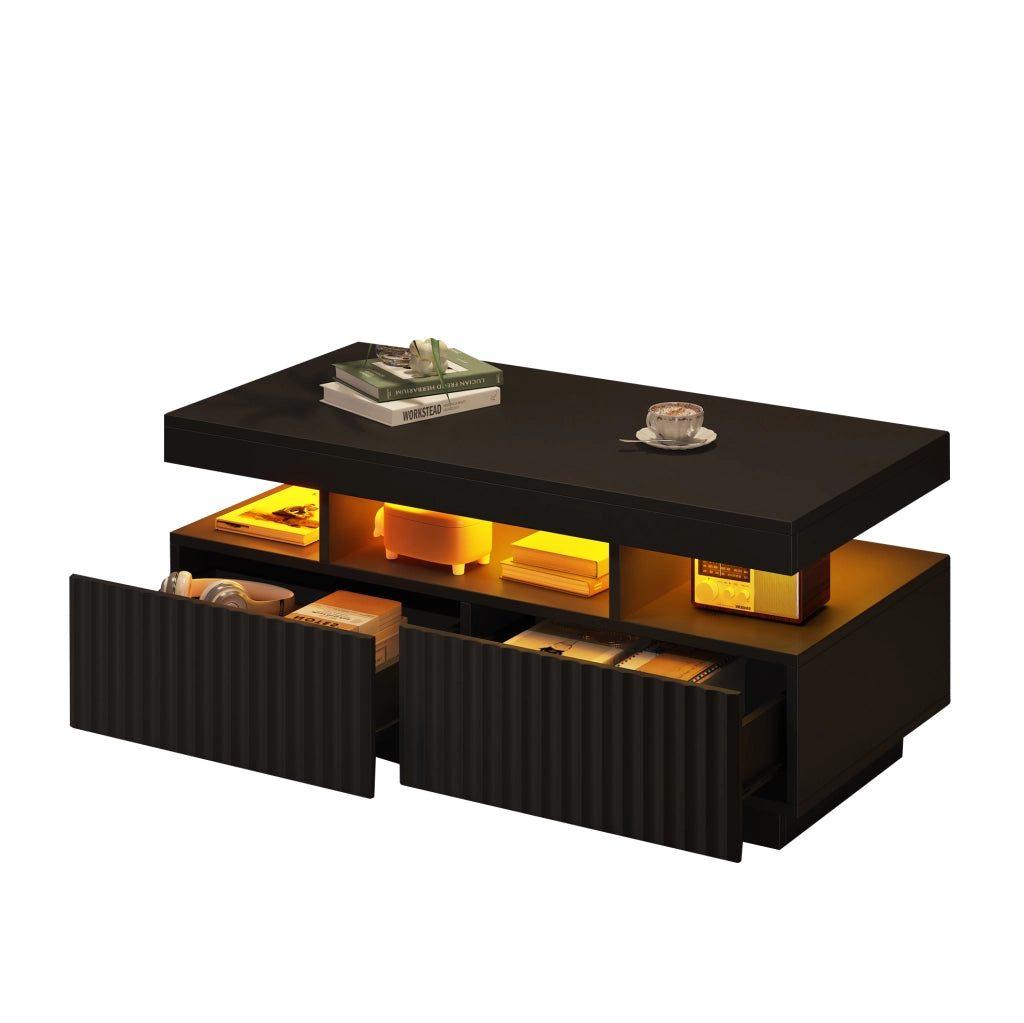 Tavolino da salotto 100x50x45 cm con due cassetti; luce LED; in pannello truciolare; nero