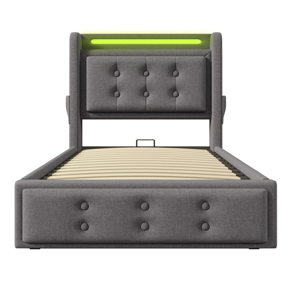 Letto a cassone per adulti - Xylo - 90x200 cm - Grigio - Testiera LED con USB C e rete a doghe