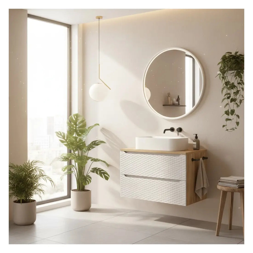 Set da bagno YOKA beige: mobile sottolavabo con cassetti 90 cm + piano per lavabo + lavabo da appoggio