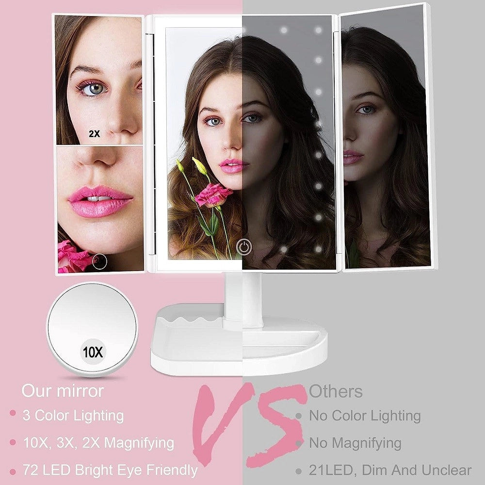 Trade Shop - Specchio Trucco Con Ingranditore 10x 3x 2x Illuminazione A 3 Colori 72 Led Touch -