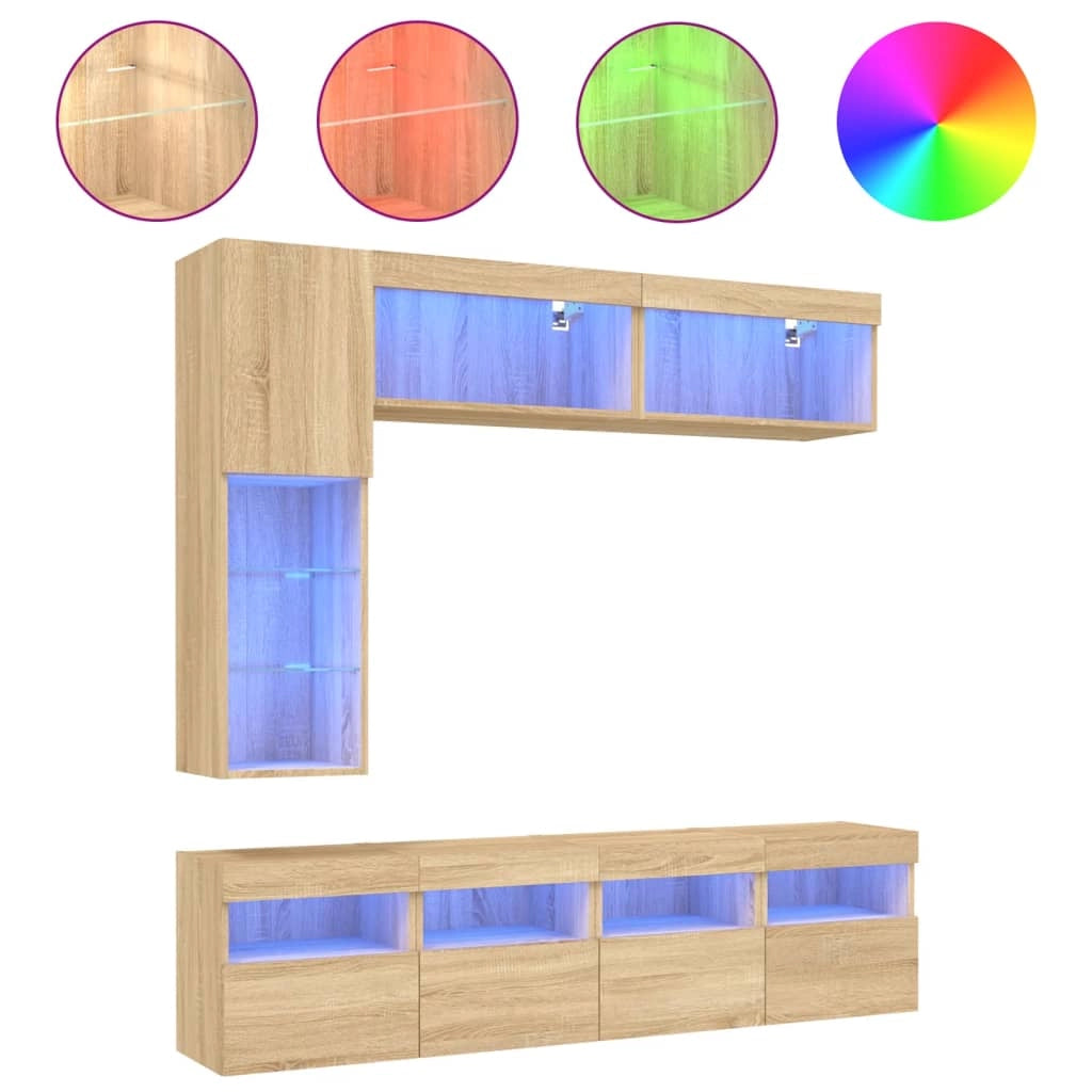 Set di mobili da 7 pezzi tra cui armadio credenza mobile TV parete attrezzata per soggiorno/camera da letto/soggiorno e luci a LED finitura rovere marrone Sonoma 02_0025374