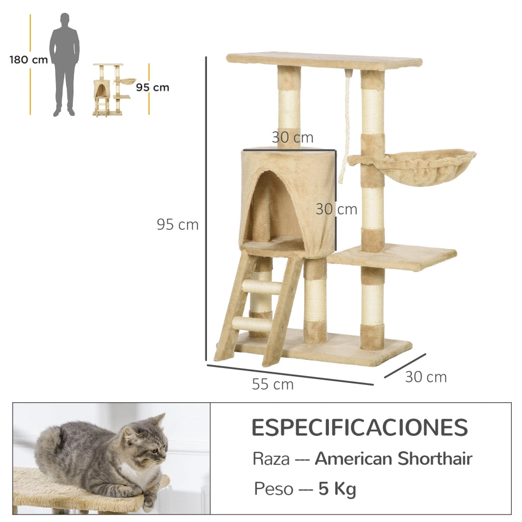 Tiragraffi per gatti con casetta e scala ¨C Xylo ¨C 55x30x95 cm marrone felpa