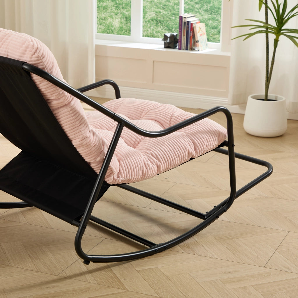 Sedia a dondolo comoda con spessa imbottitura per soggiorno e camera da letto giardino e terrazzo struttura nera cuscini rosa