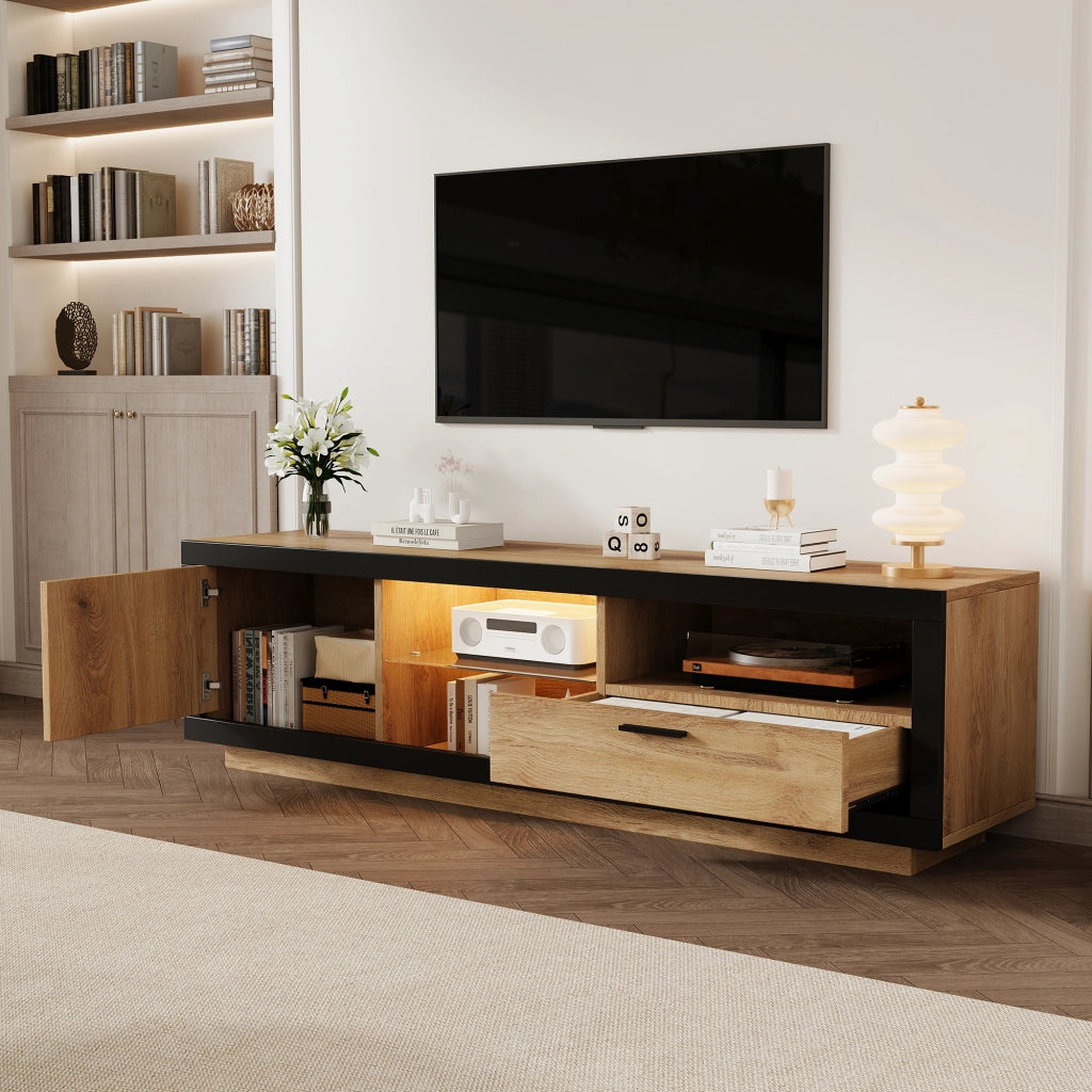 Mobile TV LED moderno con ripiani in vetro, cassetto e vano contenitore, per TV fino a 70 pollici, nero e rovere