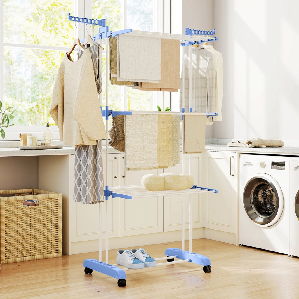 Tenda da Bucato Verticale Pieghevole con Ruote ¨C zephmum ¨C 73x64x172 cm Blu e Bianco