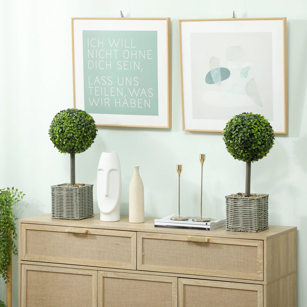 Pianta Artificiale Bosso Sferica 50cm ¨C Xylo ¨C Verde con Vaso Intrecciato e Ciottoli