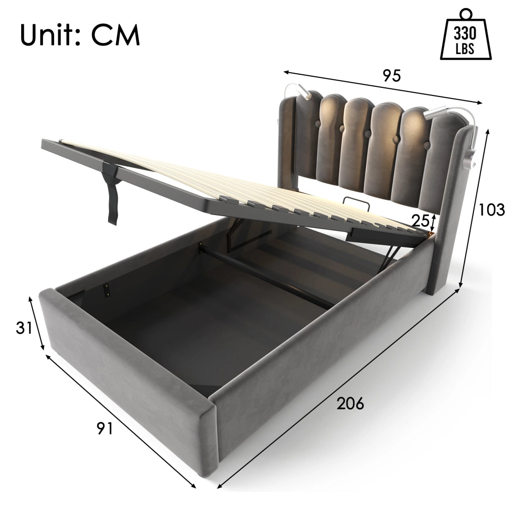 letto imbottito velluto grigio 90x200 cm