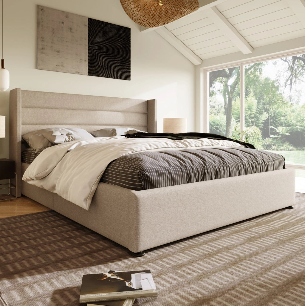 Letto contenitore 140x200 con rete sollevabile e testiera imbottita