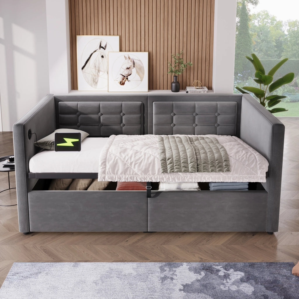LETTO Divano 90x190 cm in velluto grigio con contenitore e USB Type-C