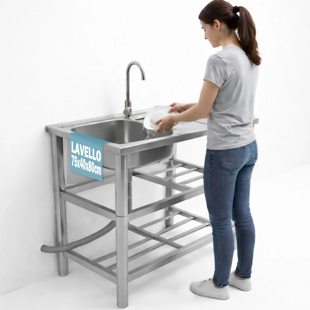 Lavello in Acciaio Inox Rubinetteria e Kit Sifone Ideale per Esterno 75x40x80cm
