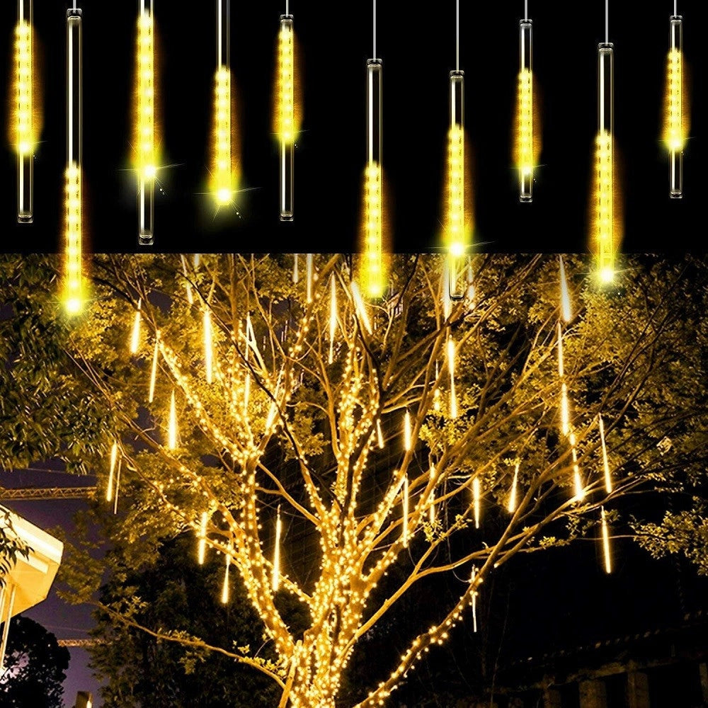 Trade Shop - Luci Natale Da Esterno Natalizie Led Effetto Pioggia Stella Cadente Bianco Caldo -
