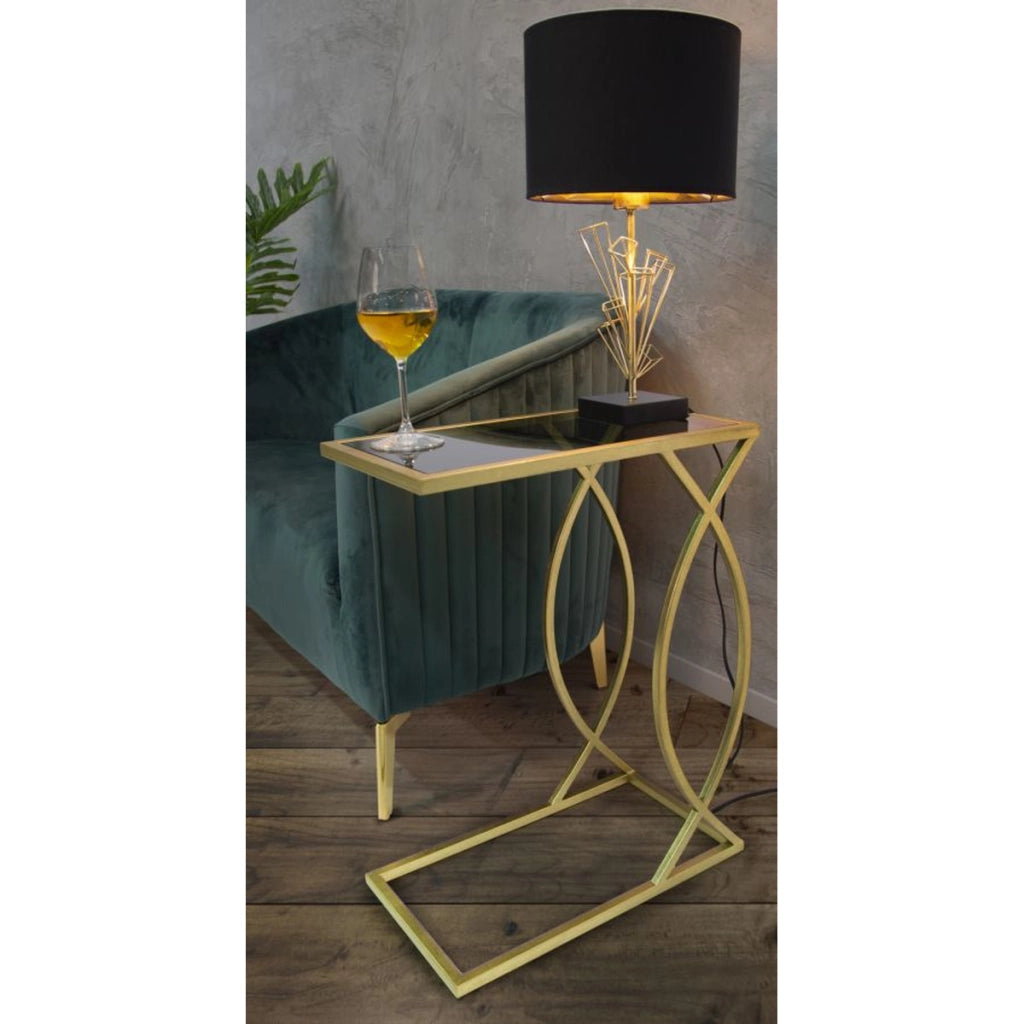 Tavolino da divano Glam in ferro oro e vetro nero 45,5x25,5x60 cm