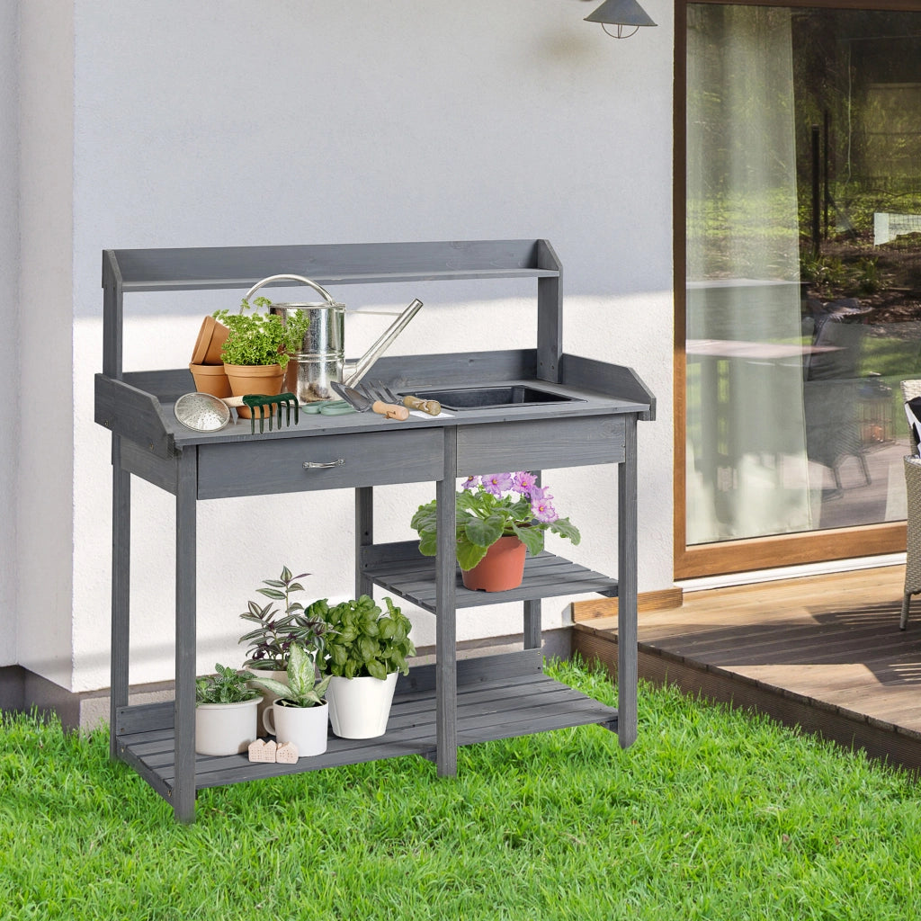 Tavolo da giardino per piante ¨C Xylo ¨C legno di pino grigio con cassetto, 3 ripiani, lavello