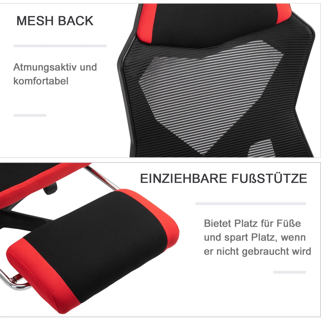 Sedia da gaming, sedia ergonomica da scrivania con poggiapiedi, regolabile in altezza, in poliestere, nero/rosso, 58 x 72 x 112-122 cm, per ufficio e