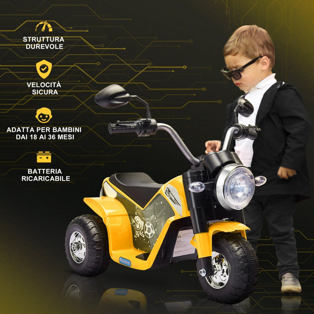 Moto Elettrica per Bambini a 3 Ruote con Luci e Suoni, Batteria Ricaricabile 6V, Velocit¨¤ 2 km/h, per Bimbi da 18-36 Mesi, 72cmx57cmx56cm Gialla