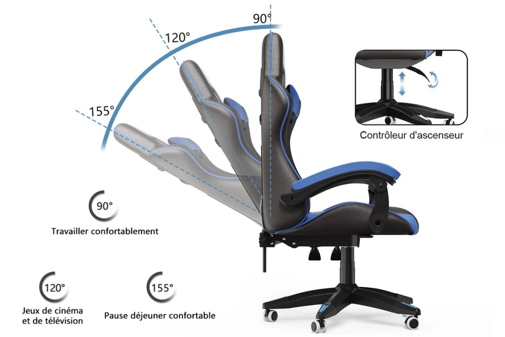 Sedia da gioco,  Sedia da gioco ergonomica, altezza regolabile, schienale reclinabile, braccioli e poggiatesta, nero e blu