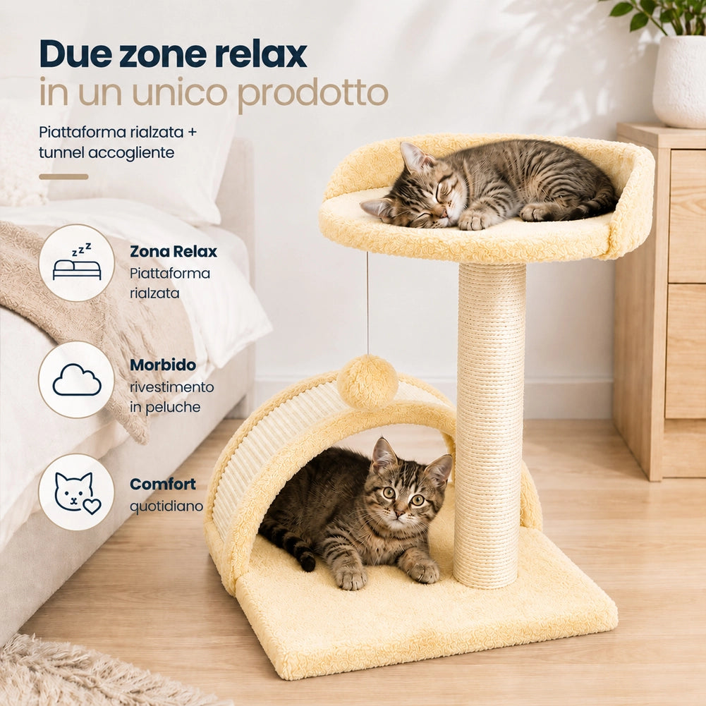Tiragraffi Per Gatti Beige Con Gioco Pallina Palo 50cm Topolino Tunnel Soffice