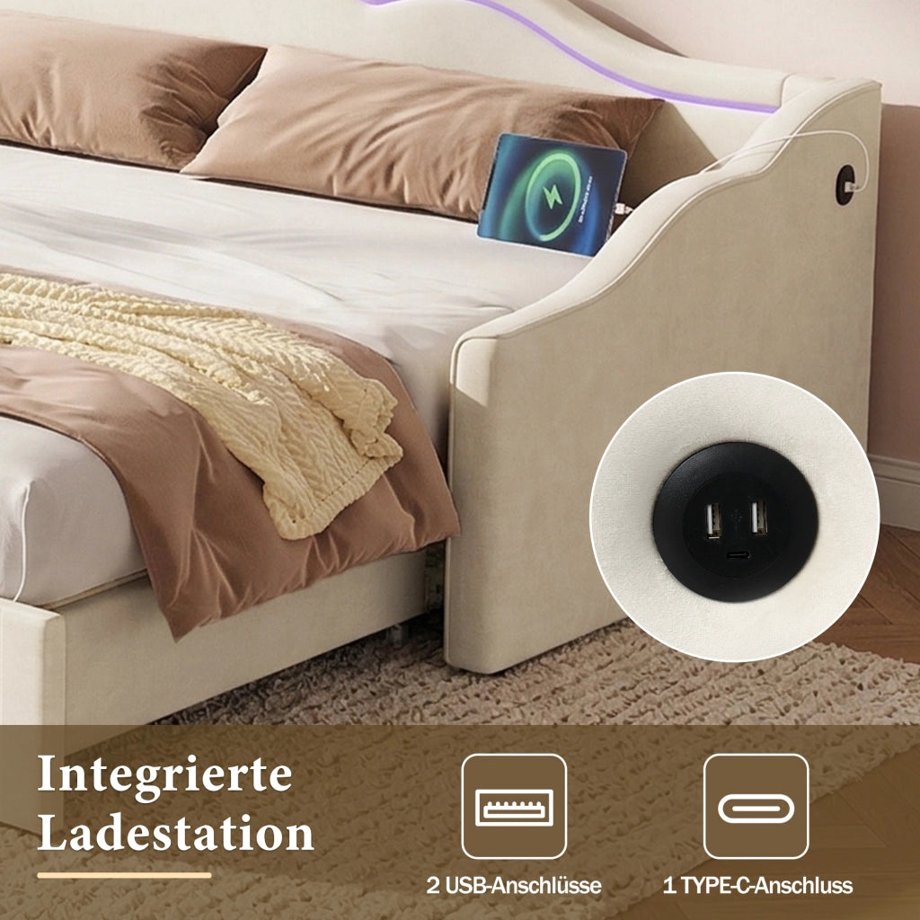 LETTO Estensibile 90x200 cm a 180x200 cm Velluto Beige con LED, USB e TYPE-C