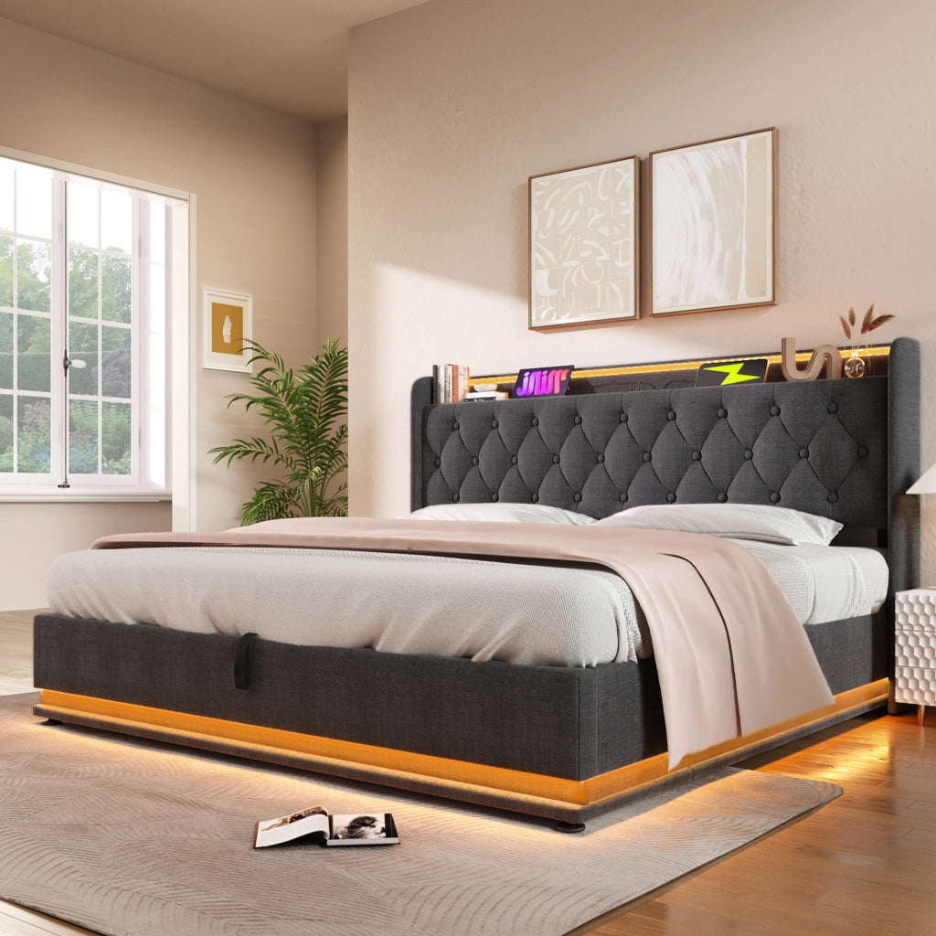 Letto matrimoniale di 140x200cm in lino grigio con 360 LED telecomando sistema di stoccaggio idraulico e porta USB Type-C senza materasso