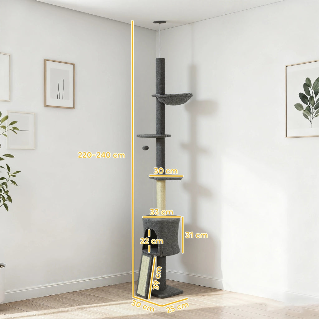 Albero per Gatti a Soffitto Alto con Casetta, Amaca e Piattaforme ¨C zephmum ¨C Grigio, 220-240 cm