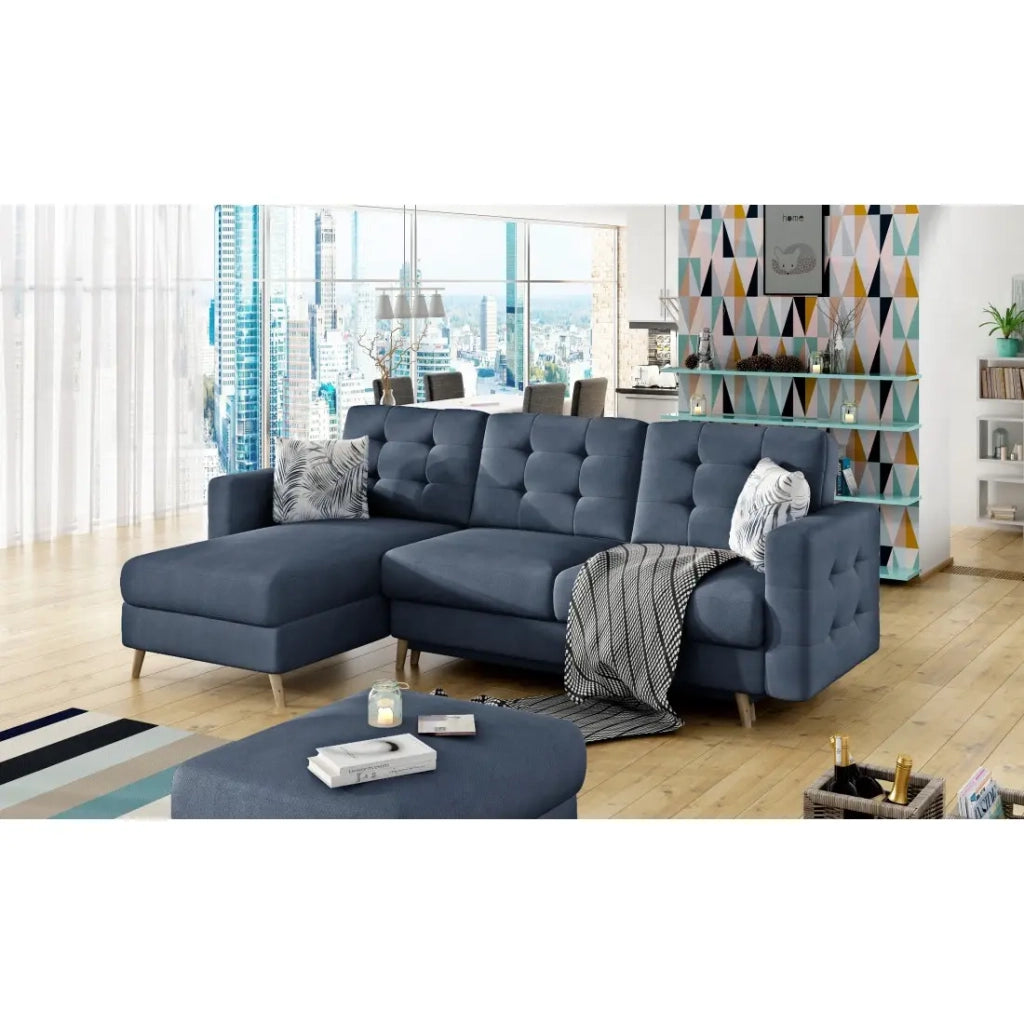 Divano ad angolo convertibile HASGARD 3 posti blu scuro 248x162 cm – con contenitore e piedi in legno