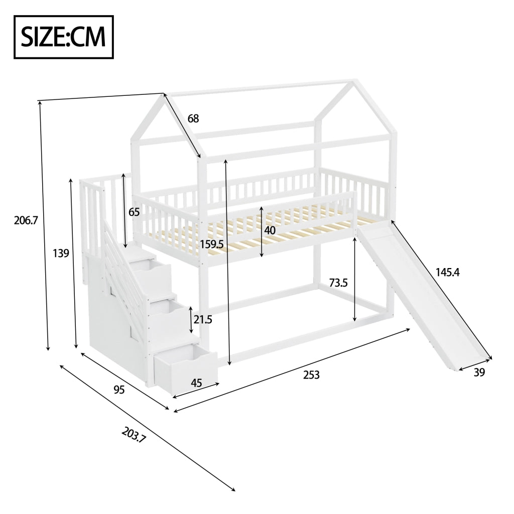 Letto a soppalco 90×200 cm; letto singolo con scivolo e scala contenitore; sponde alte; senza materasso; legno