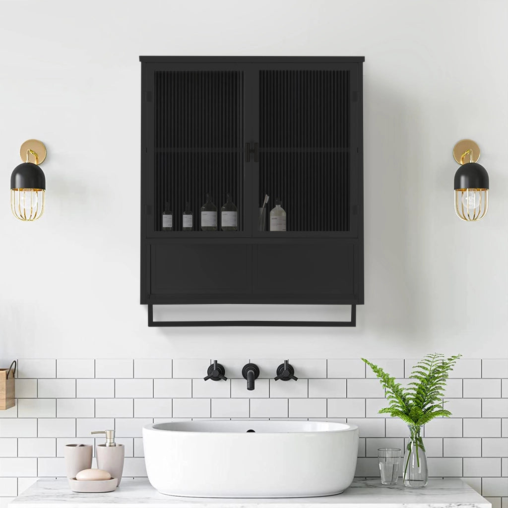 Pensile con 2 Ante; 1 Ripiano Aperto e Portasciugamani per Bagno in Metallo 60 × 23 × 78 cm Nero